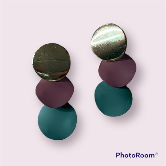 Geometric Drop Dangle Statement Earrings Gold Maroon Teal - Picture 7 of 7